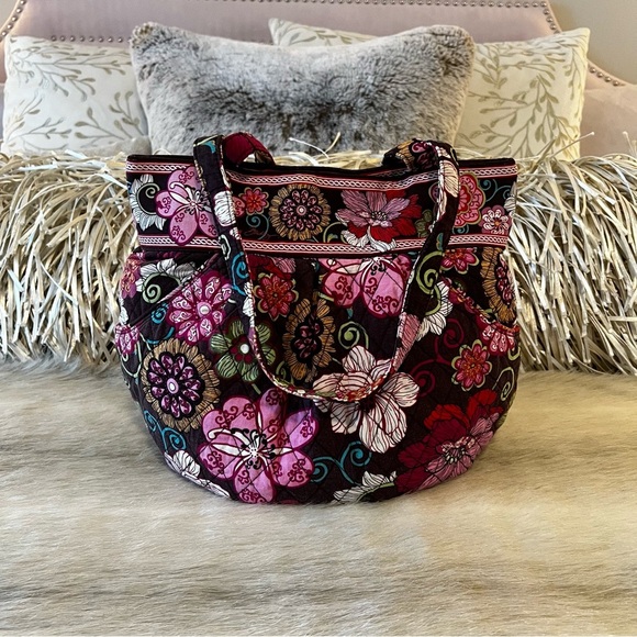 VERA BRADLEY Mod Pink 2007 Morgan Shoulder Bag 2 Handle Brown Pink Floral 70s - Picture 1 of 13